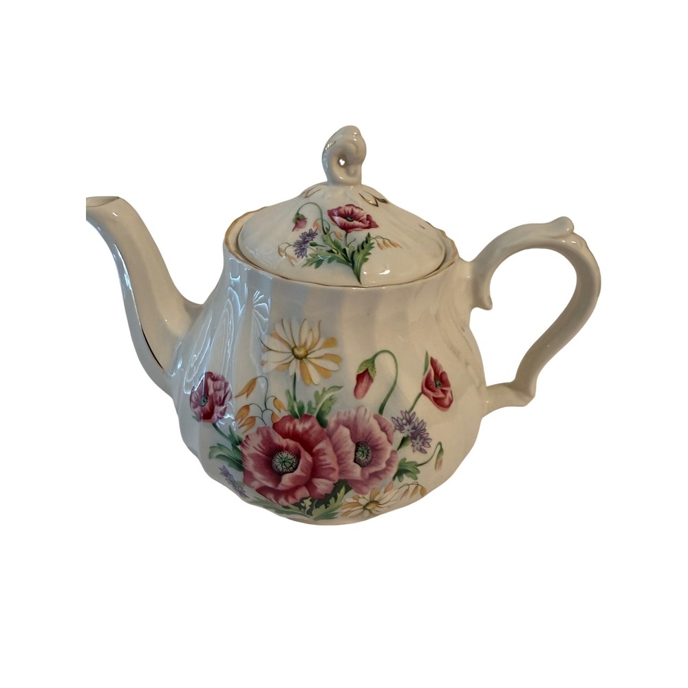 Crown Dorset Staffordshire England Teapot Floral Poppy Daisy Gold Trim Fluted